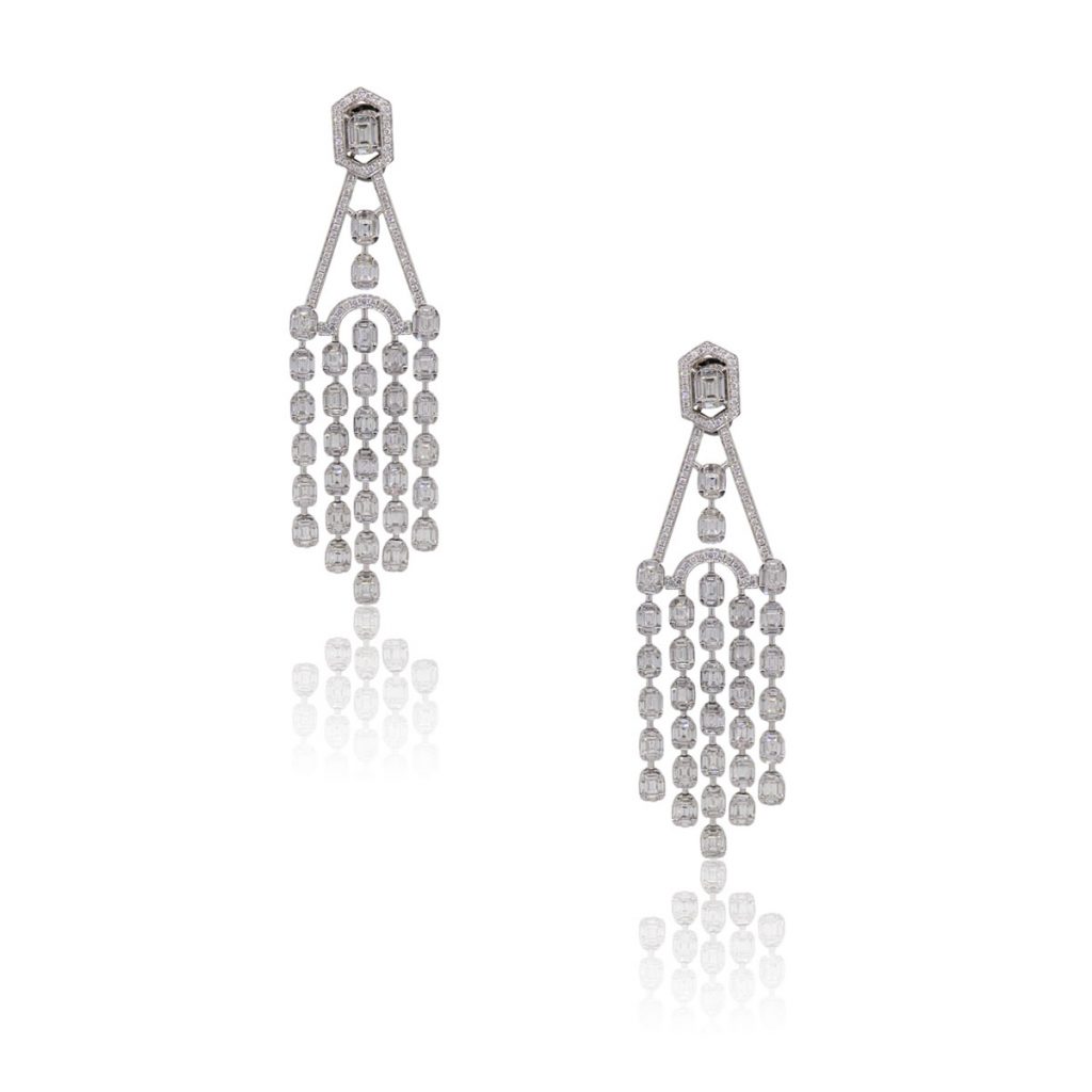 18k White Gold 11.11ctw Diamond Multi Strand Free Form Dangle Earrings
