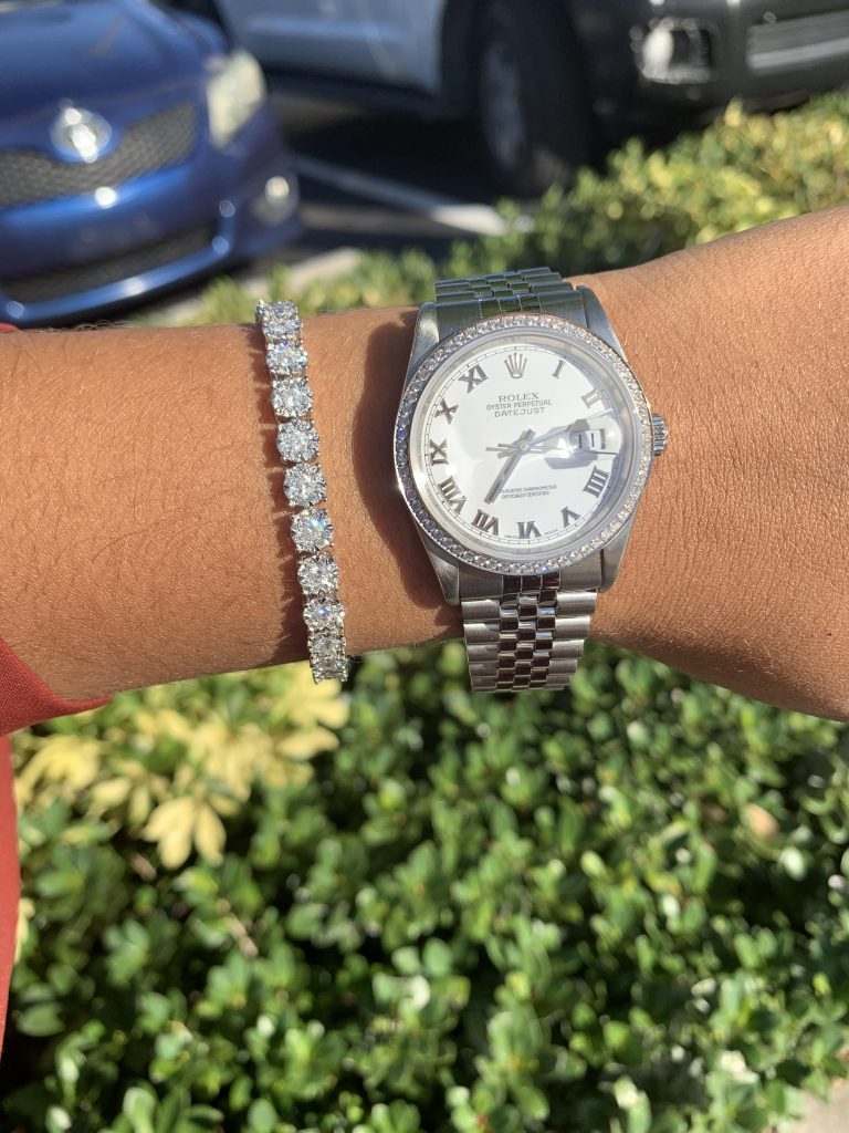 rolex oyster diamond dial watch with tennis bracelet