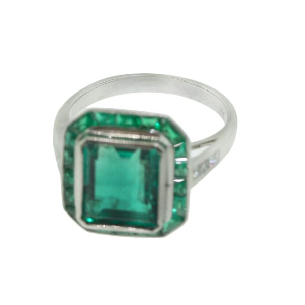 Platinum 3.32ct Emerald Ladies Ring with Princess Cut Emerald Halo