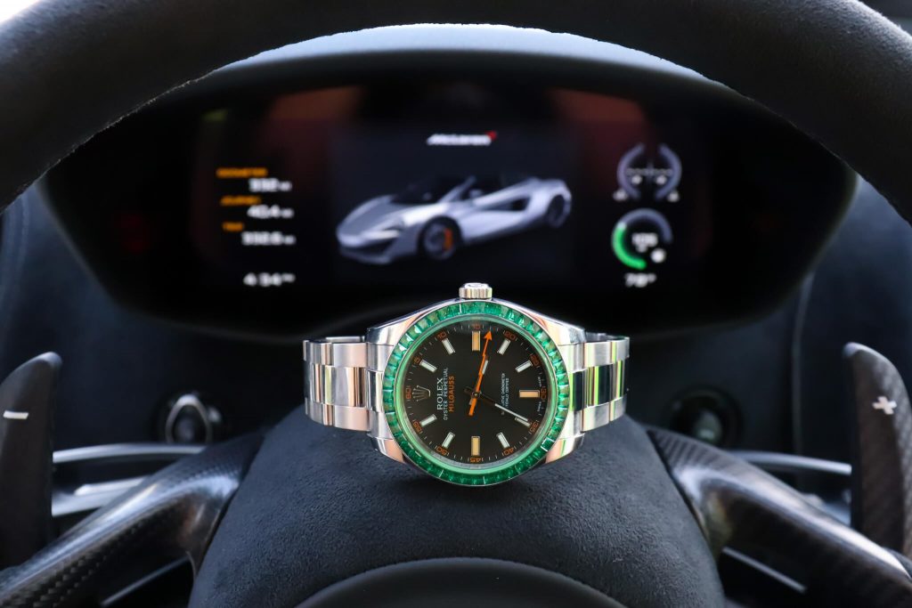 Rolex Milgauss GV with Custom Emerald Bezel x Matching Green