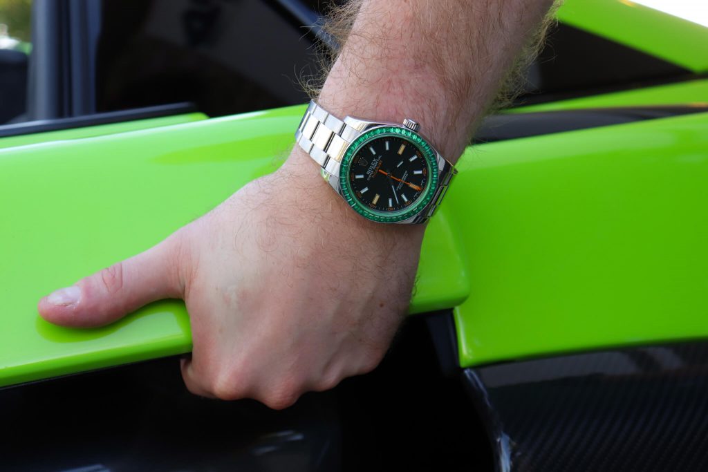 rolex milgauss gv with custom emerald bezel