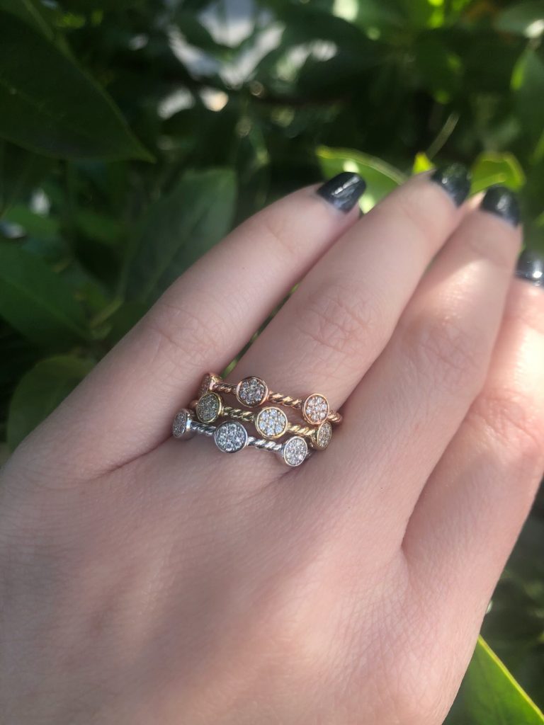 rose gold and white gold stackable diamond ring stack by Gabriel & Co