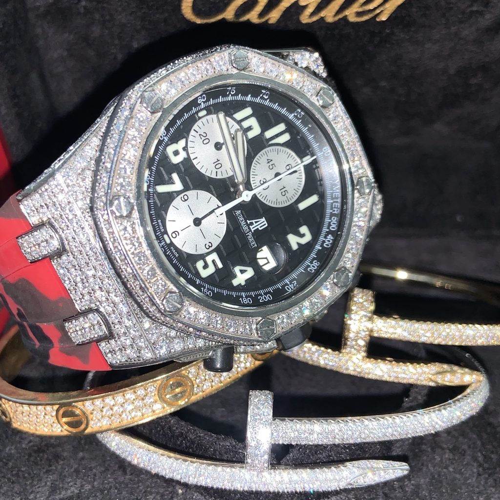 Cartier Bracelets and iced out audemars piguet royal oak offshore watch iced out 