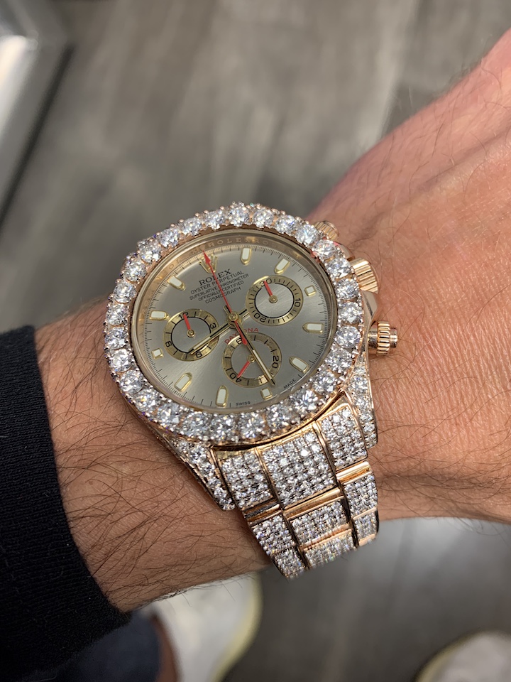 Iced Out Rose Gold Rolex Daytona with Bust Down Cuban Link Bracelet