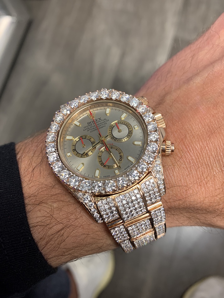 Iced Out Rose Gold Rolex Daytona with Bust Down Cuban Link