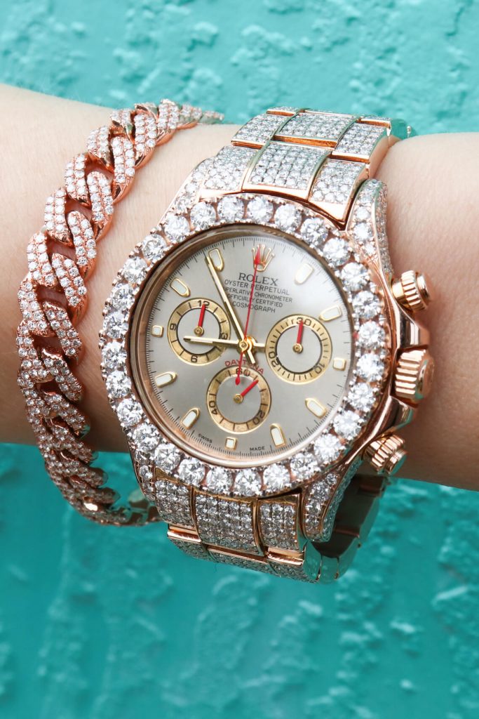 Iced Out Rose Gold Rolex Daytona with Bust Down Cuban Link