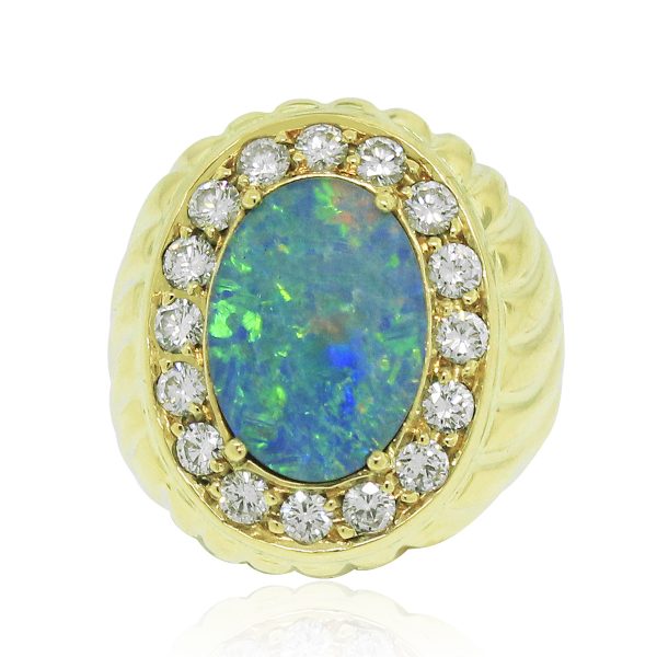 Yellow Gold opal and diamond ring
