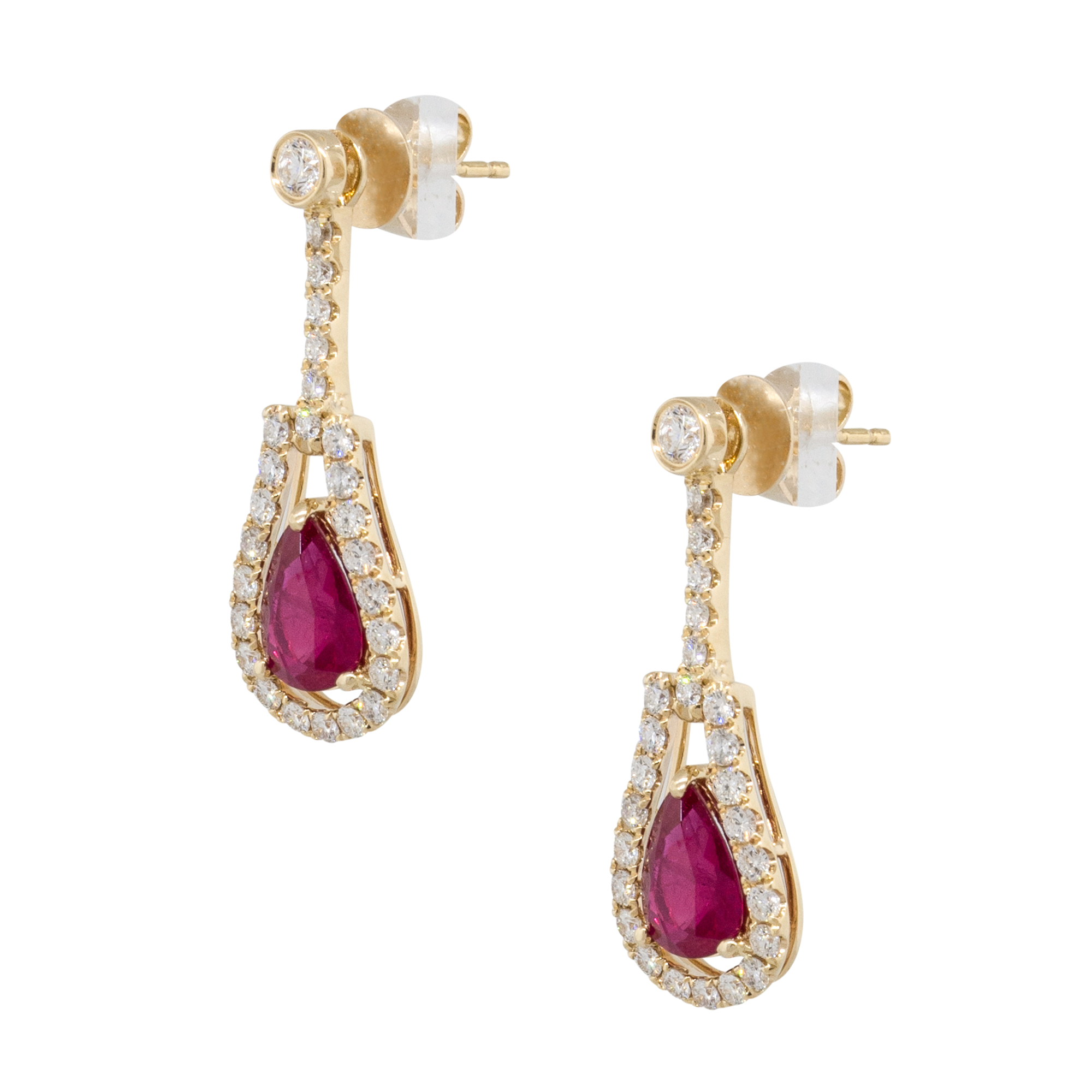 14k Yellow Gold 2.55ct Pear Shape Ruby Dangle Earrings With Diamonds