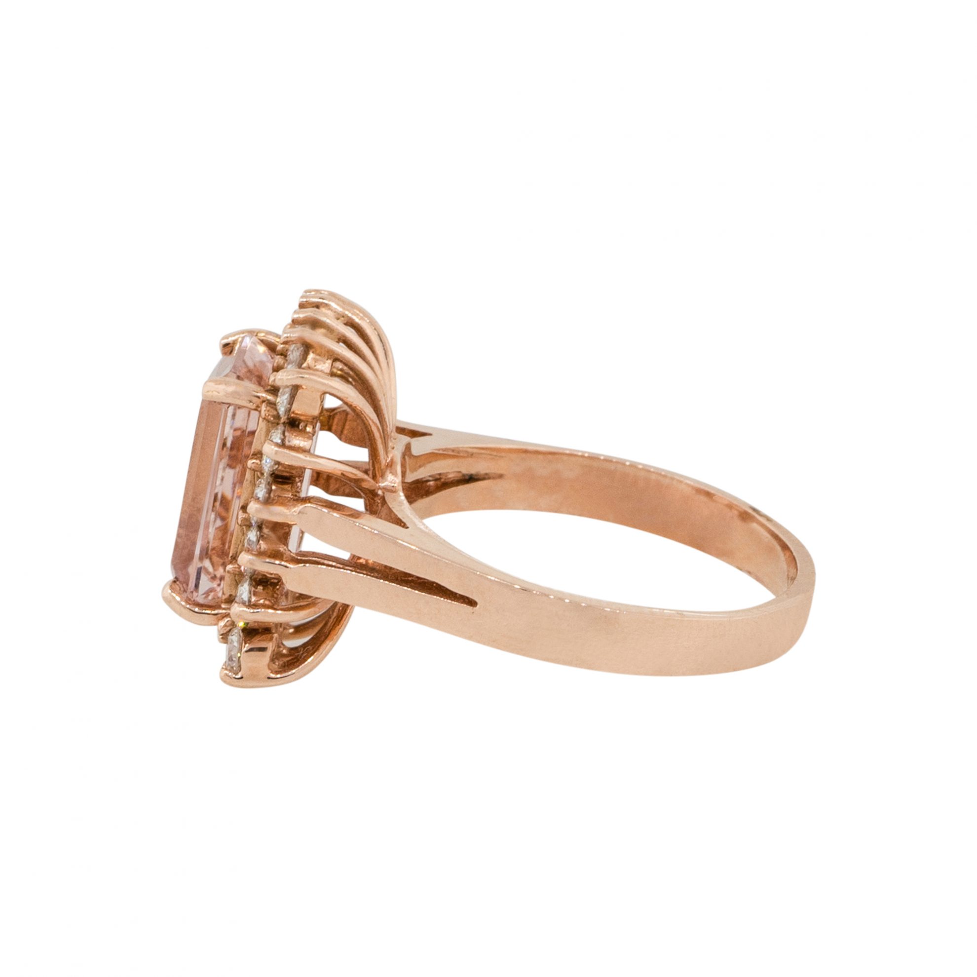 14k Rose Gold 393ct Emerald Cut Morganite Diamond Halo Ring 5278