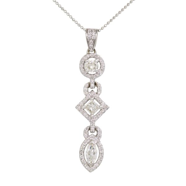 14k White Gold 1.92ctw Multi Shape Diamond Drop Pendant Necklace