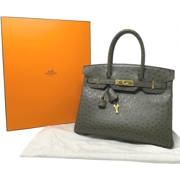 Hermes Birkin 30cm Ostrich Leather Exotic Vert Olive Gold Tone Hardware Handbag