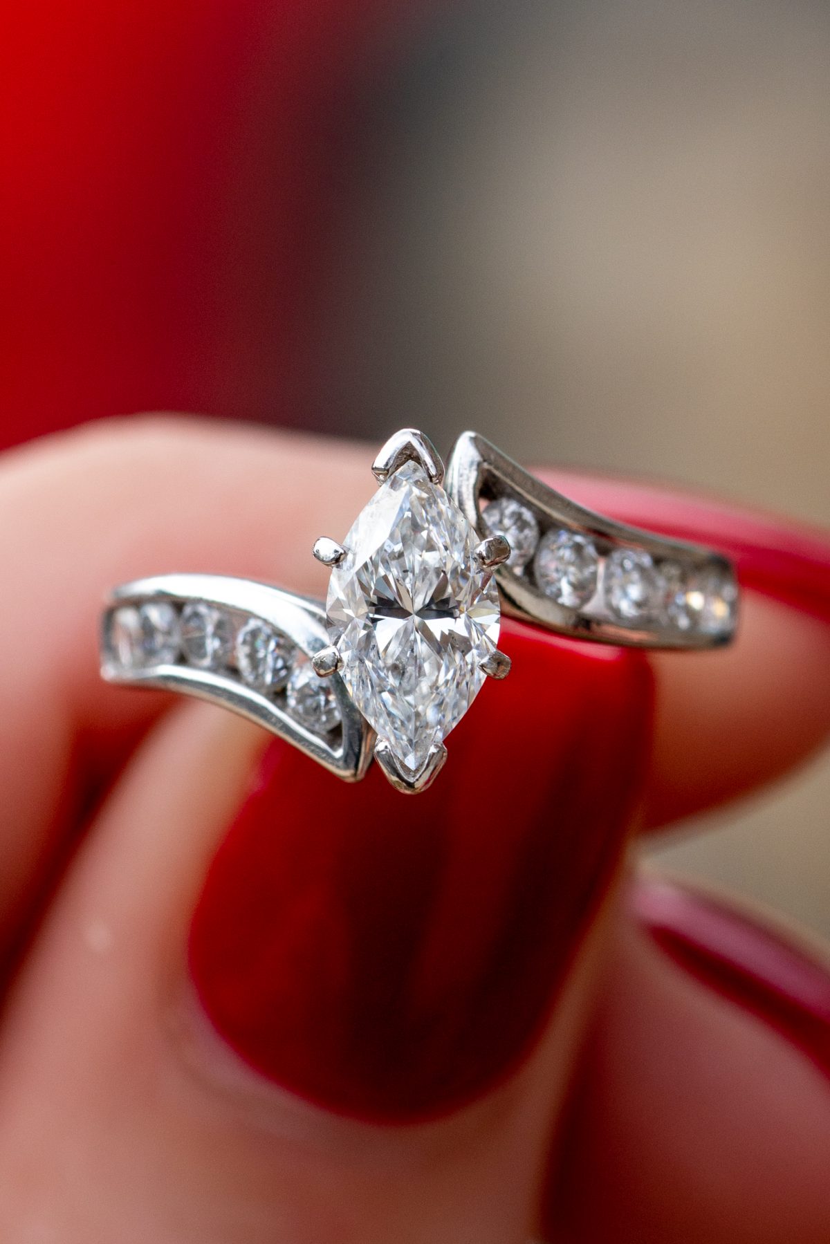 Marquise-shaped diamond rings