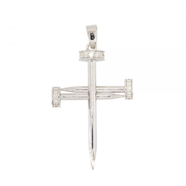 14k White Gold 1.85ctw Diamond Pave Nail Cross Pendant
