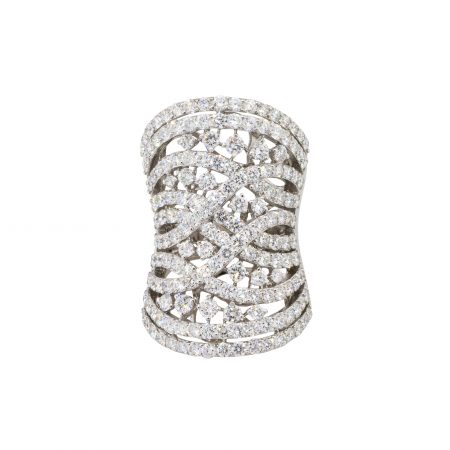 18k White Gold 6.94ctw Diamond Pave Crossover Shield Ring