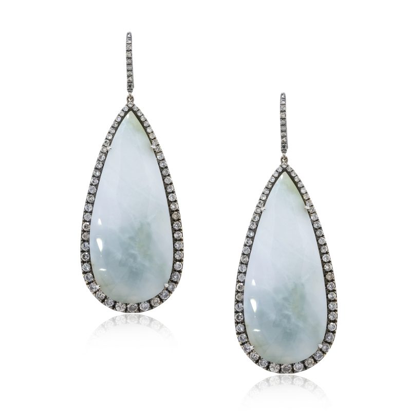 18k Rhodium Pear Shape Jade Drop Dangle Earrings