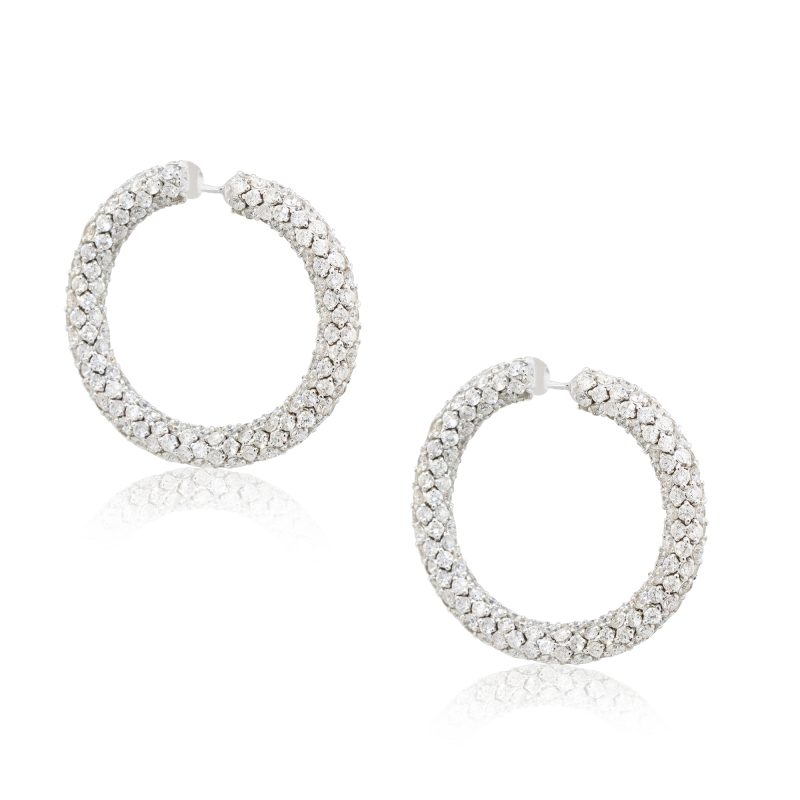18k White Gold 16.52ctw All Diamond Pave Hoop Earrings