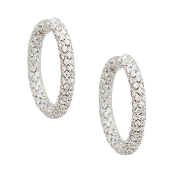 18k White Gold 16.52ctw All Diamond Pave Hoop Earrings