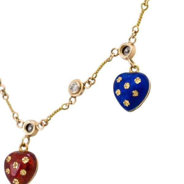 18k Yellow Gold Dangle Enamel Heart Diamond Necklace