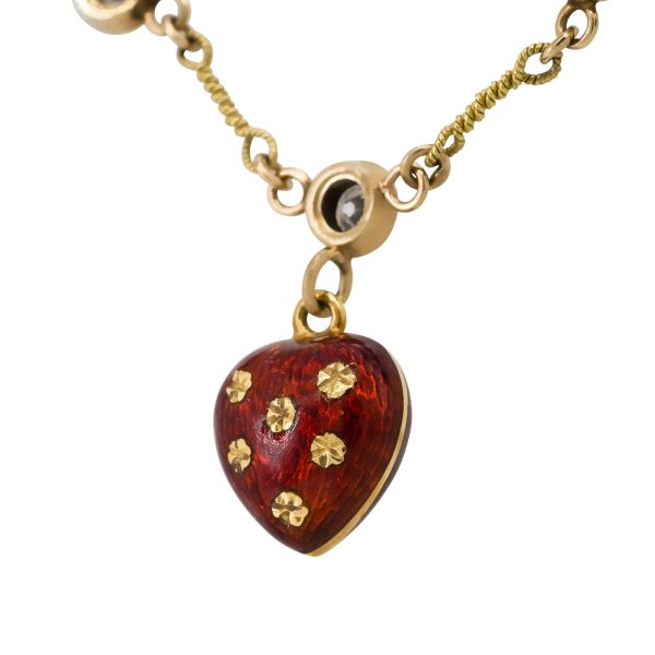 18k Yellow Gold Dangle Enamel Heart Diamond Necklace