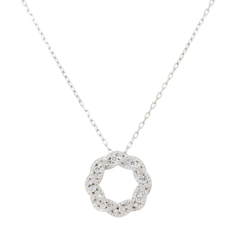18k White Gold 0.81ctw Diamond Circular Pretzel Pave Pendant Necklace