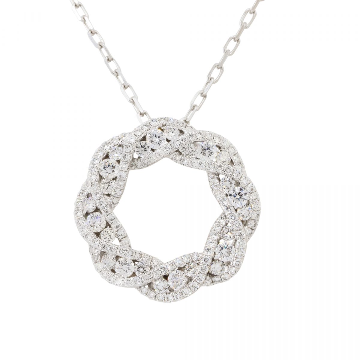 18k White Gold 0.81ctw Diamond Circular Pretzel Pave Pendant Necklace