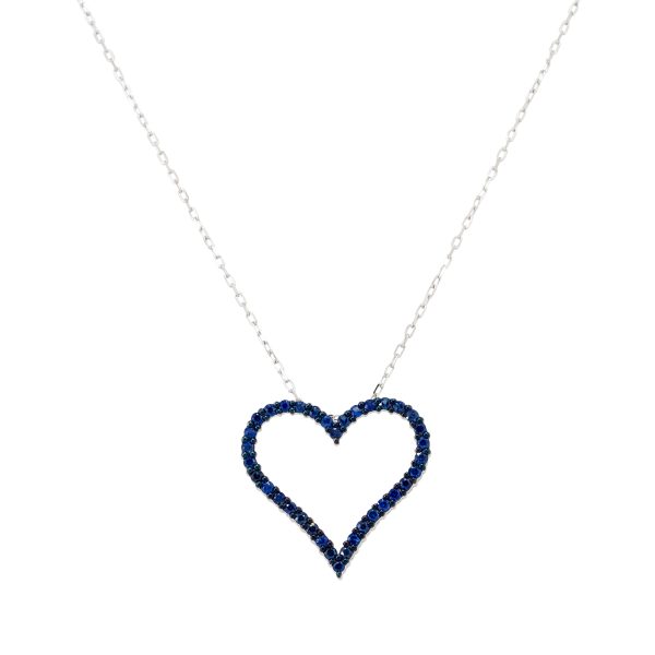 18k White Gold Sapphire Pave Open Heart Pendant Necklace