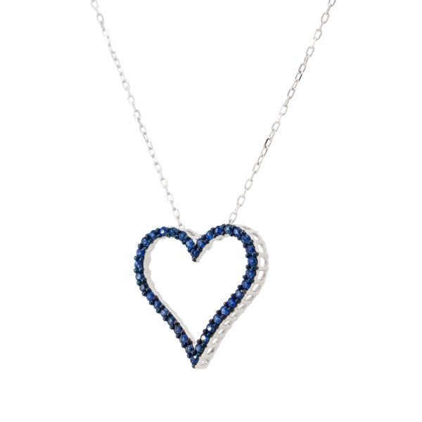18k White Gold Sapphire Pave Open Heart Pendant Necklace