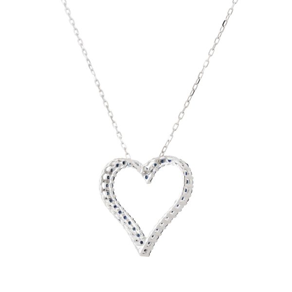 18k White Gold Sapphire Pave Open Heart Pendant Necklace