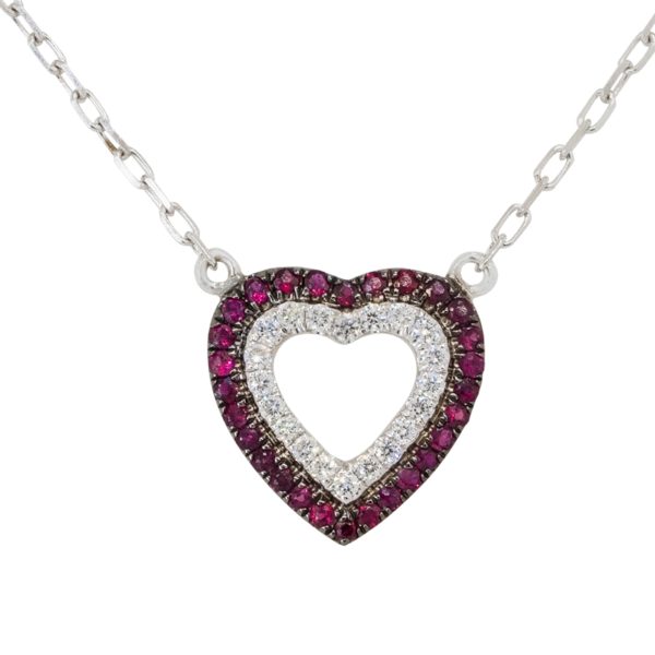 18k White Gold Ruby & Diamond Open Heart Pendant Necklace