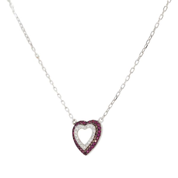 18k White Gold Ruby & Diamond Open Heart Pendant Necklace
