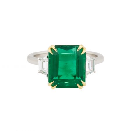 Platinum 6.16ct Emerald Center Three Stone Ring With Diamonds