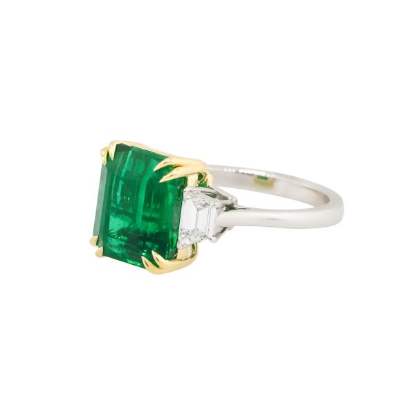 Platinum 6.16ct Emerald Center Three Stone Ring With Diamonds