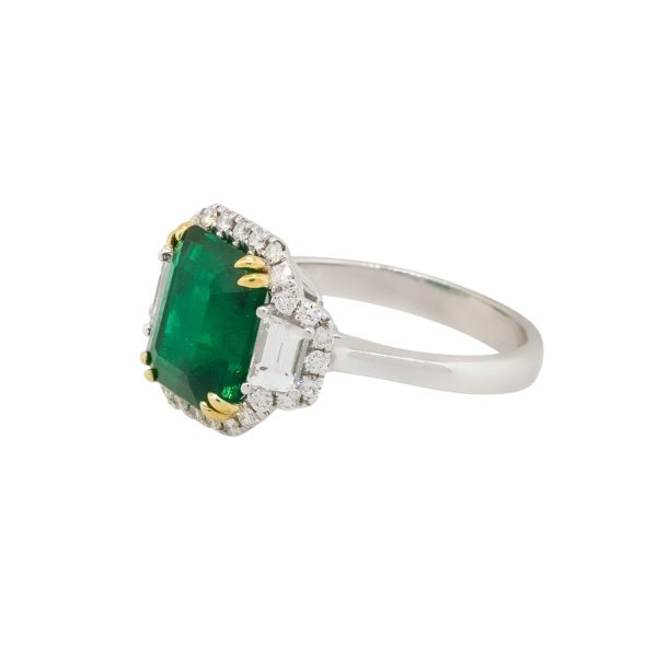 18k White Gold Emerald Center Diamond Halo Three Stone Ring