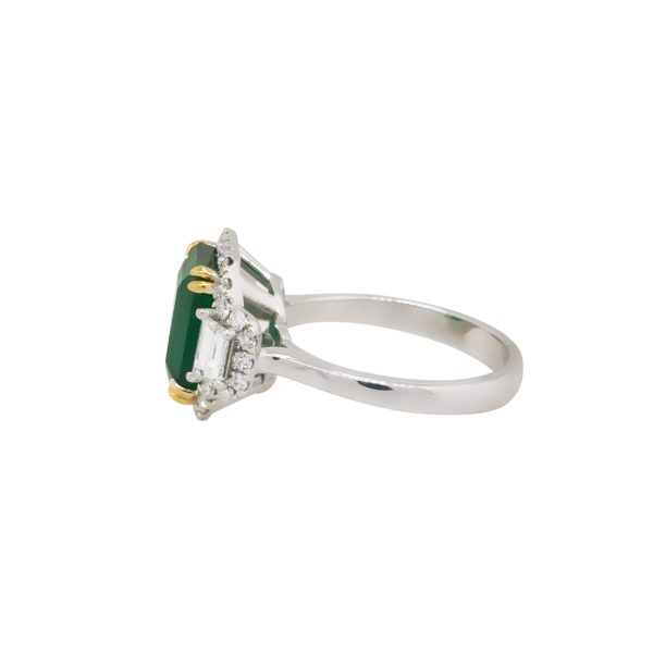 18k White Gold Emerald Center Diamond Halo Three Stone Ring