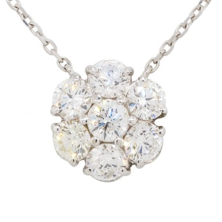 18k White Gold 2.76ctw Round Diamond Cluster Flower Pendant Necklace