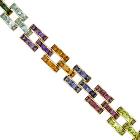14k Yellow Gold Multi Color Gemstone Link 7 Inch Bracelet