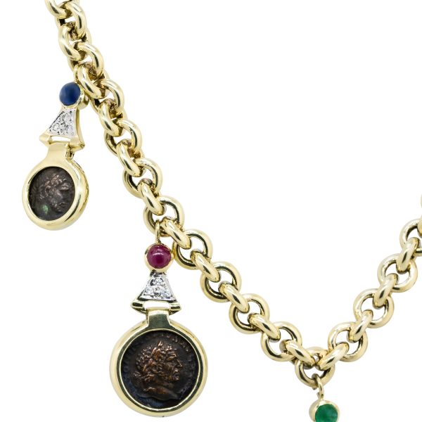 18k Yellow Gold Round Chain Link Necklace With Bezel Set and Ancient Coins