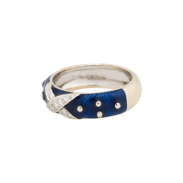 18k White Gold Hildago Blue Enamel and Diamond X Ring