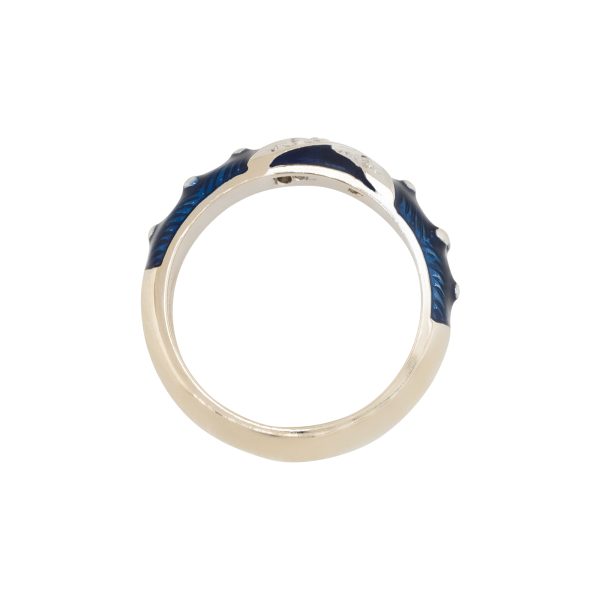 18k White Gold Hildago Blue Enamel and Diamond X Ring