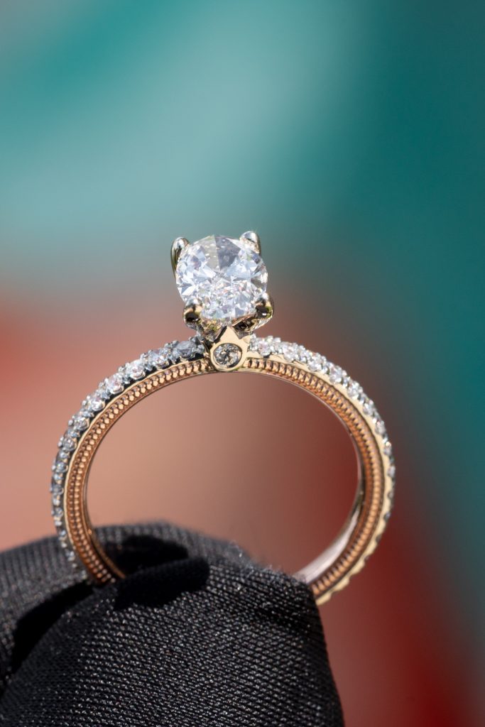 a pave-set oval engagement ring