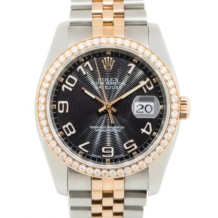 Rolex 116231 Datejust Black Concentric Dial Diamond Bezel Rose and Stainless Steel Watch