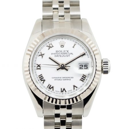 Rolex 179174 Datejust White Roman Dial Fluted Bezel Stainless Steel Watch