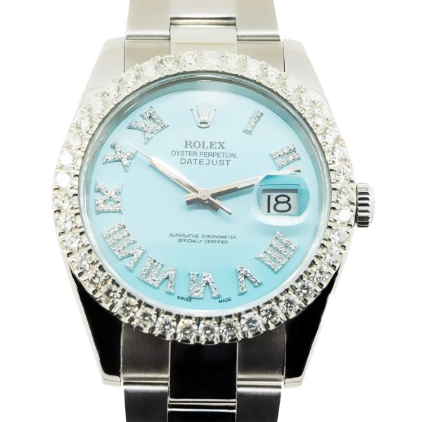 Rolex 126300 Datejust 18k White Gold Blue Diamond Dial Diamond Bezel Watch