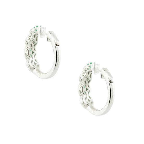 18k White Gold Emerald and Diamond Hoop Earrings