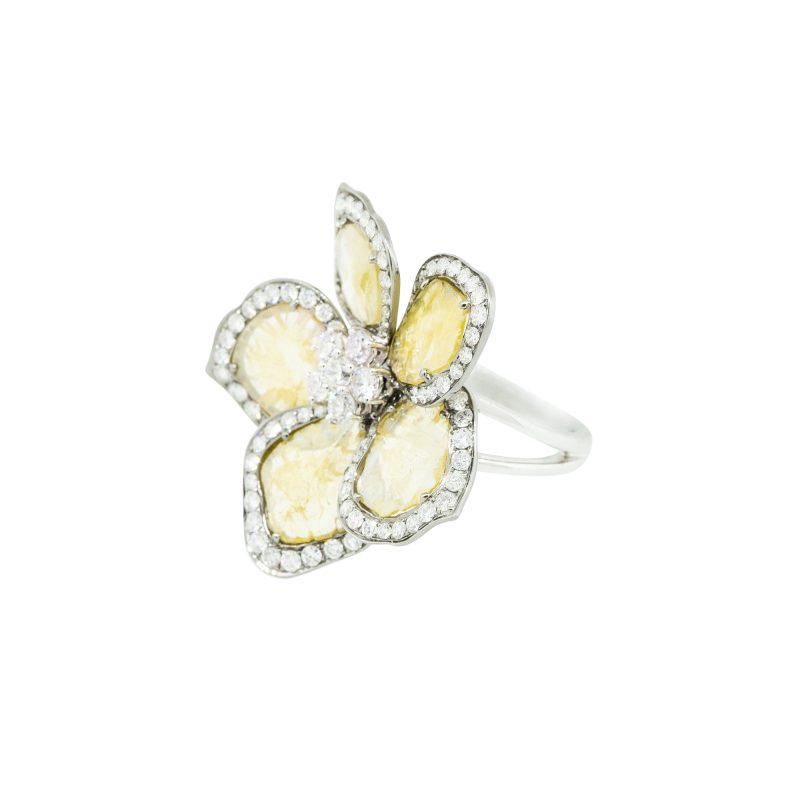 18k White Gold 6.53ctw Rough Cut  Diamond Flower Ring