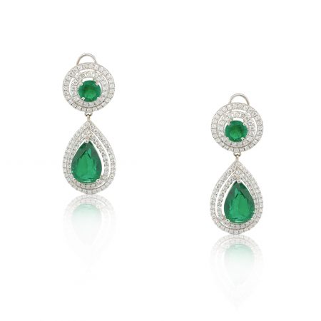18k White Gold 6.04ctw Emerald and Pave Diamond Drop Earrings