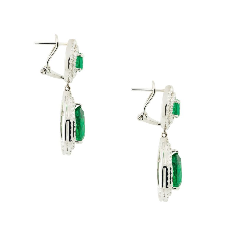 18k White Gold 6.04ctw Emerald and Pave Diamond Drop Earrings
