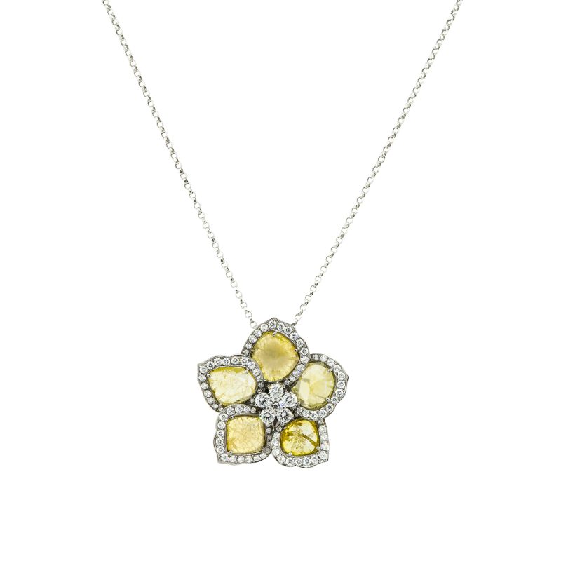 18k White Gold 6.5ctw Rough Diamond Flower Pendant Necklace
