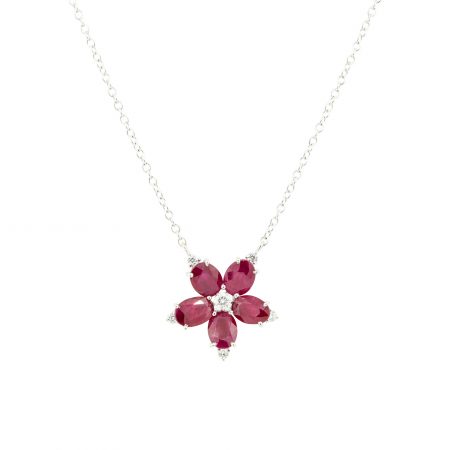 18k White Gold Ruby and Diamond Flower Pendant Necklace