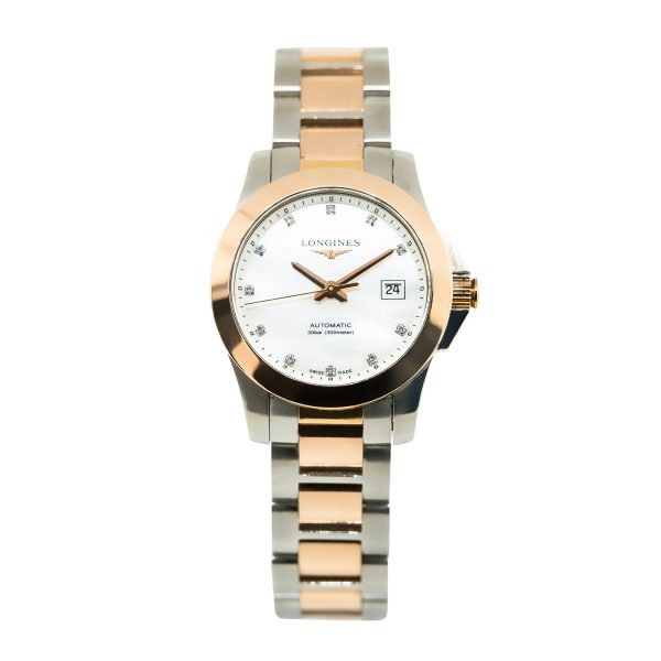 Longines Conquest Mother of Pearl Dial Rose Gold and Stainless Steel Watch